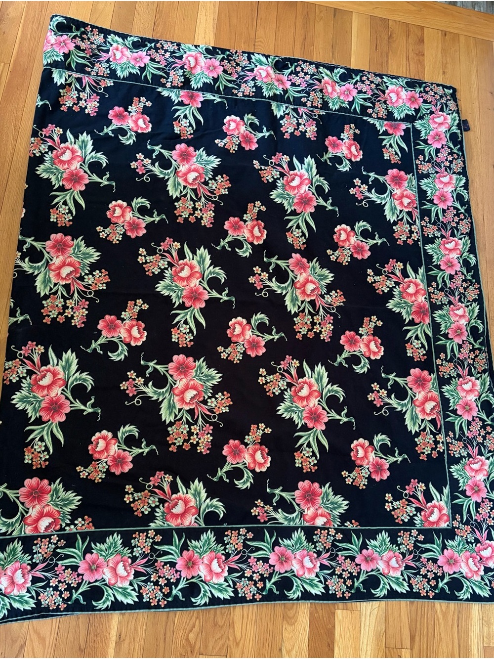 April Cornell Black Scarf with Pink Embroidered Label